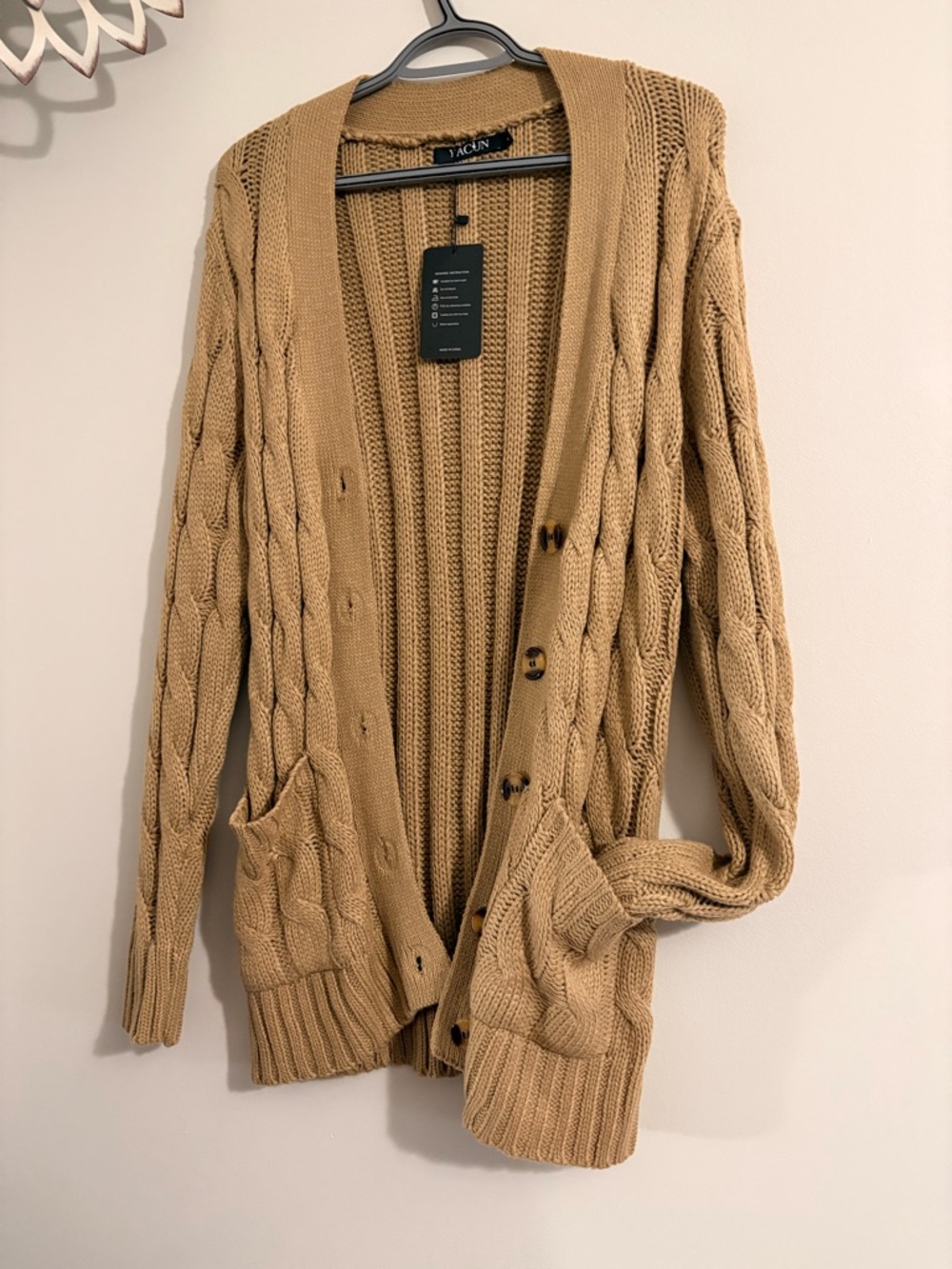 Yacun Tan Cable Knit Button-Front Cardigan